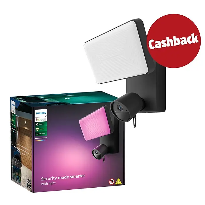 Philips Hue Kamera Flutlicht Secure - Schwarz - Philips Hue Flutlichtkamera in Schwarz und Weiß, mit Verpackung und pinkfarbenem Licht. Ein 'Cashback'-Aufkleber ist sichtbar.