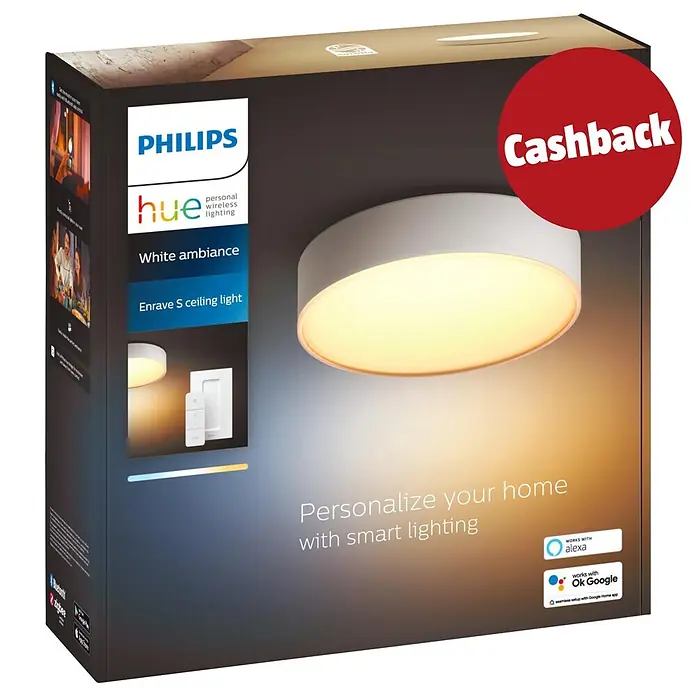Philips Hue LED-Deckenleuchte rund - 9,6 W, Ø x H: 26,1 x 6,6 cm, Weiß, Kaltweiß - Philips Hue Enrave S White Ambiance Deckenleuchtenbox mit smarter Fernbedienung und einem 'Cashback'-Aufkleber.