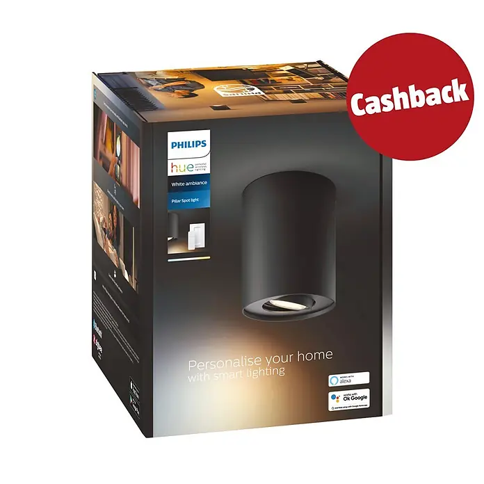 Philips Hue LED-Deckenstrahler White Ambiance Pillar - 4,2 W, L x B x H: 10,3 x 10,3 x 12 cm, Schwarz, Neutralweiß - Philips Hue Pillar Spot light Smart-Beleuchtung in schwarzer Verpackung mit „Cashback“-Sticker.