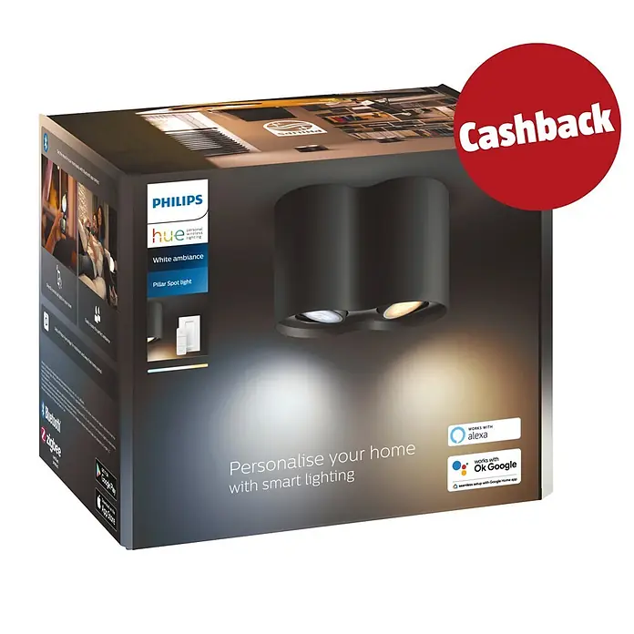 Philips Hue LED-Deckenstrahler White Ambience Pillar - 4,2 W, L x B x H: 19,3 x 10,3 x 12 cm, Weiß, Neutralweiß - Philips Hue Pillar Spotlight, schwarz, in Verpackung mit 'Cashback'-Angebot und Smart-Lighting-Funktionen hervorgehoben.