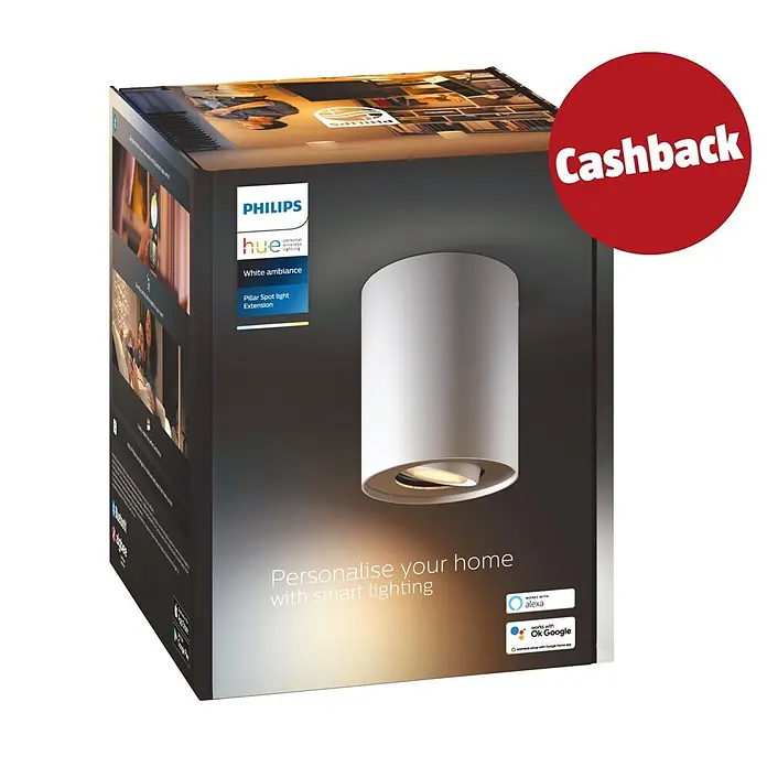 Philips Hue LED-Deckenstrahler White Ambiance Pillar Erweiterung - L x B x H: 10,3 x 10,3 x 12 cm, Weiß, Neutralweiß - Philips Hue White Ambiance Pillar Spot Light Extension Box mit Cashback-Sticker. Zeigt einen weißen zylindrischen Smart-Strahler.