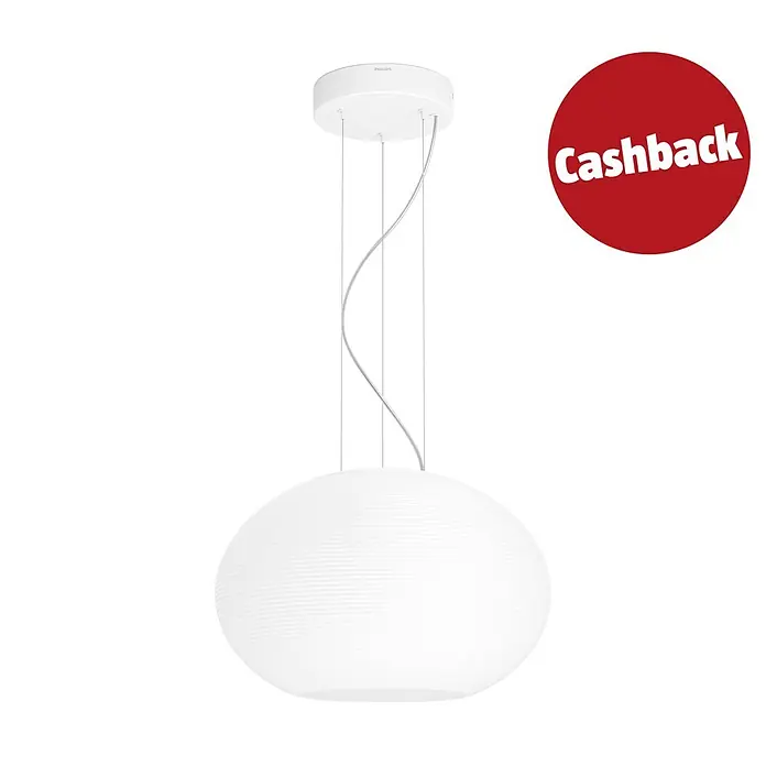 Philips Hue LED-Pendelleuchte Flourish - 39,5 W, L x B x H: 40,1 x 40,1 x 30 cm, Weiß - Weiße Philips Pendelleuchte mit ovalem, geripptem Schirm und rotem "Cashback"-Aufkleber.
