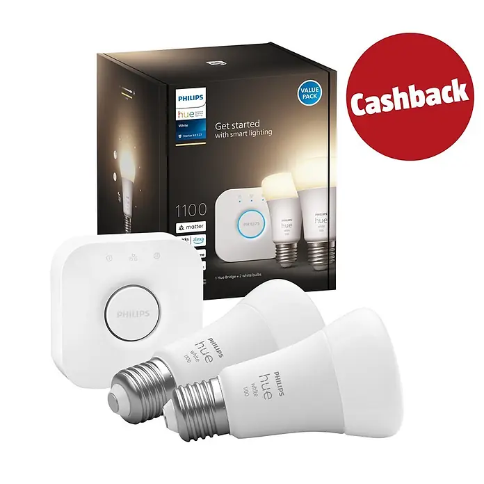 Philips Hue LED-Lampen-Set White 1100 matter mit Bridge - E27, Dimmbar, Warmweiß, 1.100 lm, 9,5 W, 2 Stk. - Philips Hue Smart-Beleuchtungs-Starter-Kit mit weißer Bridge und zwei weißen E27-Birnen, abgebildet mit schwarzer „Value Pack“-Verpackung und „Cashback“-Aufkleber.