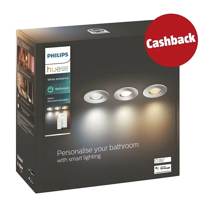 Philips Hue LED-Einbauleuchten-Set White Ambience - 4,2 W, L x B x H: 7 x 9,45 x 9,45 cm, Chrome, 3 Stk., Neutralweiß - Philips Hue Adore Einbaustrahler-Box mit drei smarten Badezimmerleuchten (weißes Ambiente) und Fernbedienung, mit 'Cashback' gekennzeichnet.
