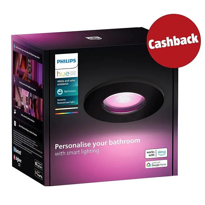 Philips Hue LED-Einbauspot White & Color Ambiance Xamento - RGBW, Durchmesser: 9,4 cm, Schwarz - Philips Hue Xamento Einbaustrahler-Box für smartes Badlicht mit Weiß- und Farbstimmung. Roter "Cashback"-Aufkleber in der Ecke.