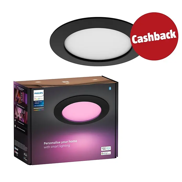 Philips Hue LED-Einbauspot White & Color Ambience Slim Recessed L - 12 W, RGBW, Durchmesser: 17 cm, 1 Stk., Schwarz - Schwarze Philips Hue Einbauleuchte (weiß/rosa) mit Verpackung und "Cashback"-Hinweis.
