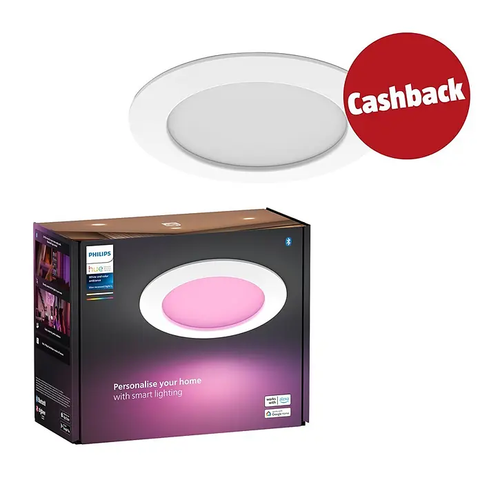Philips Hue LED-Einbauspot White & Color Ambience Slim Recessed L - 12 W, RGBW, Durchmesser: 17 cm, 1 Stk., Weiß - Weiße Philips Hue smarte Einbauleuchte mit Verpackung, die eine rosa beleuchtete Leuchte auf der Box und einen 'Cashback'-Aufkleber zeigt.