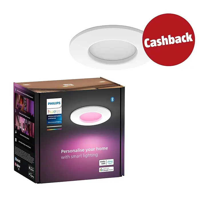 Philips Hue LED-Einbauspot White & Color Ambience Slim Recessed S - 8,3 W, RGBW, Durchmesser: 9 cm, 1 Stk., Weiß - Weißes Philips Hue Smart-Einbaulicht mit pinker Beleuchtung auf der Verpackung, plus "Cashback"-Aufkleber.