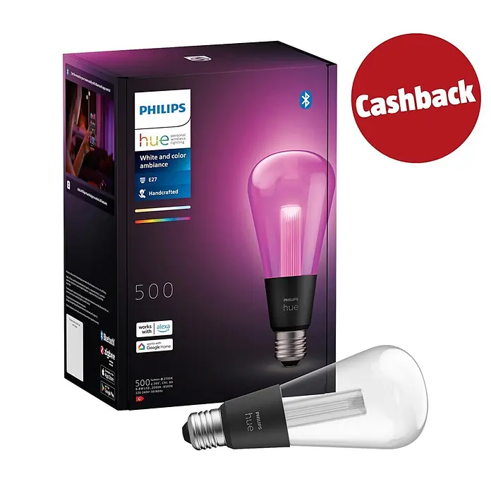 Philips Hue Smart-LED-Lampe Waca Lightguide Edison - E27, Dimmbar, RGBW, 500 lm, 6,8 W, 1 Stk. - Philips Hue E27 smarte LED-Farbambiente-Birne (langes Klarglas mit schwarzem Sockel) und dunkle lilafarbene Verpackung, mit zweiter Birne.