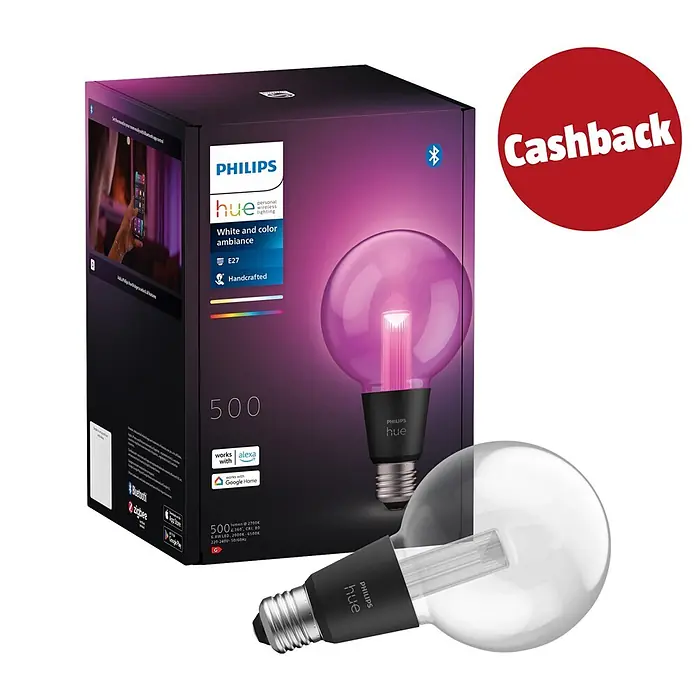Philips Hue Smart-LED-Lampe Waca Lightguide Globe - E27, Dimmbar, RGBW, 500 lm, 6,8 W, 1 Stk., G95 - Philips Hue smarte LED-Lampe E27 in dunkler Verpackung, mit einer klaren Lampe und „Cashback“-Aufkleber.