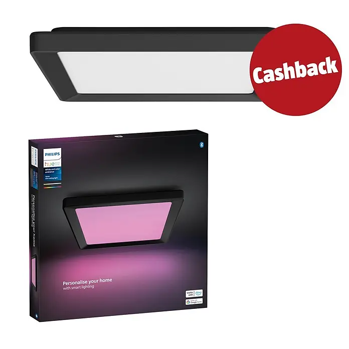 Philips Hue LED-Panel White & Color Ambiance Tento S - 10,6 W, L x B x H: 29,5 x 29,5 x 3,5 cm, Schwarz, RGBW - Schwarze Philips Hue Smart-Deckenleuchte und Produktverpackung mit „Cashback“-Aufkleber.
