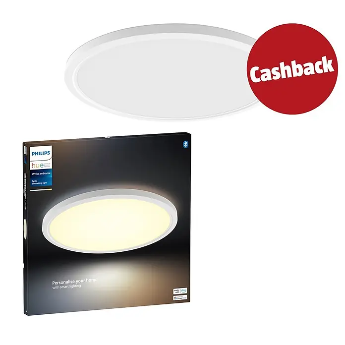 Philips Hue LED-Panel rund White Ambiance Tento XL - 25 W, Ø x H: 54,2 x 3,56 cm, Weiß, Kaltweiß - Weißes Philips Hue Smart LED-Deckenlicht mit Verpackung und rotem "Cashback"-Aufkleber.