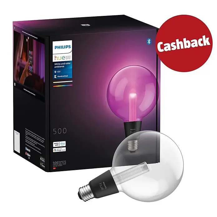 Philips Hue Smart-LED-Lampe Waca Lightguide Globe - E27, Dimmbar, RGBW, 500 lm, 6,8 W, 1 Stk., G125 - Philips Hue smarte Globe-Glühbirne (E27, weiß & Farbe) in schwarzer Verpackung, mit unverpackter Glühbirne und „Cashback“-Aufkleber.