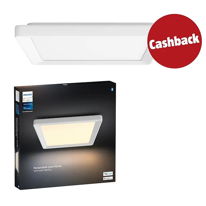 Philips Hue LED-Panel White Ambiance Tento S - 10,6 W, L x B x H: 29,5 x 29,5 x 3,5 cm, Weiß, Kaltweiß - Weißes Philips Hue Slim LED-Deckenlicht und Verpackung, mit "Cashback"-Aufkleber.