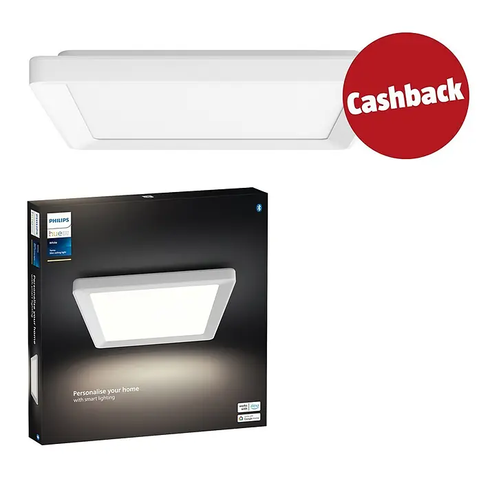 Philips Hue LED-Panel White Ambiance Tento S - 12,6 W, L x B x H: 29,5 x 29,5 x 3,5 cm, Weiß, Warmweiß - Weiße Philips Hue LED-Deckenleuchte (schlankes Design) mit Verpackung und 'Cashback'-Aufkleber.