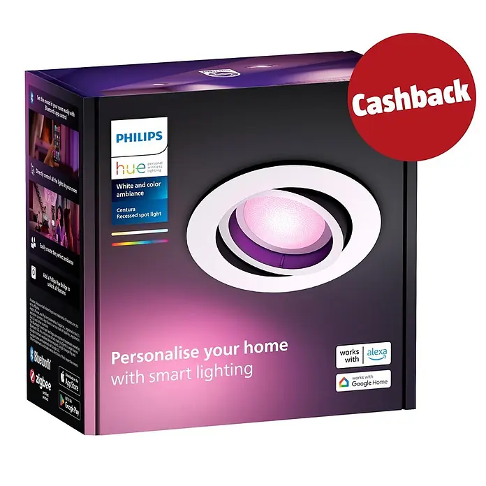 Philips Hue LED-Einbauspot White & Color Ambiance Centura - RGBW, Durchmesser: 9 cm, Farbe Gehäuse: Weiß - Philips Hue Centura Einbaustrahler-Verpackung, schwarz mit lila und rosa Akzenten, zeigt einen weißen Strahler mit rosa Licht und einem roten 'Cashback'-Aufkleber.