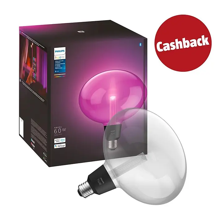 Philips Hue Smart-LED-Lampe Waca Lightguide Ellipse - E27, Dimmbar, RGBW, 500 lm, 6,8 W, 1 Stk. - Philips Hue Smart-Glühbirnenbox mit pink leuchtender Birne und einer transparenten Birne, daneben ein roter 'Cashback'-Aufkleber.