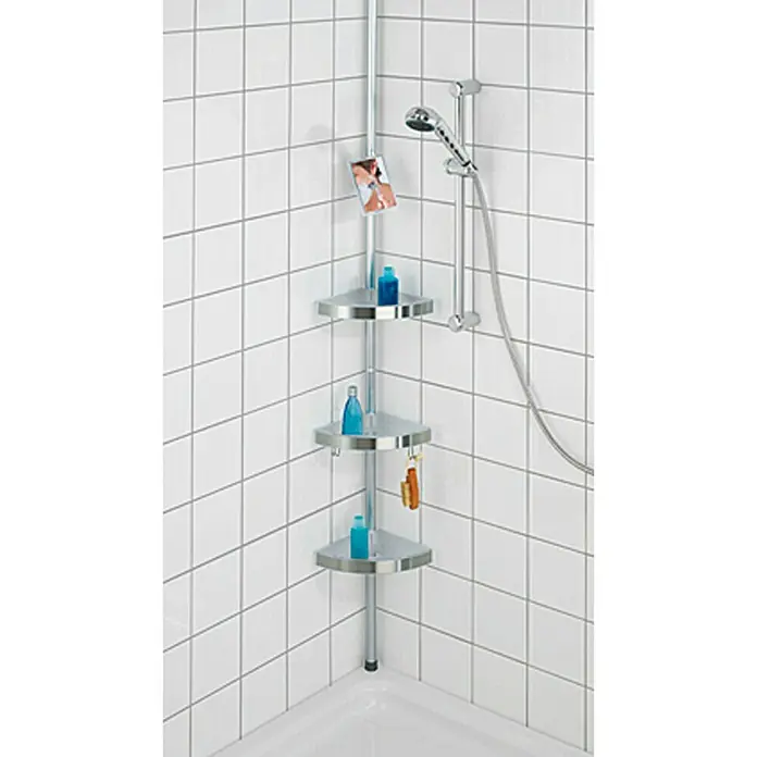 Wenko Teleskop-Eckregal Premium - Höhenverstellung: 70 cm - 260 cm, 3-stöckig, Edelstahl - Eckregal mit drei Ablagen aus silbernem Metall, ideal für Badezimmer und Duschen zur Aufbewahrung von Hygieneartikeln.