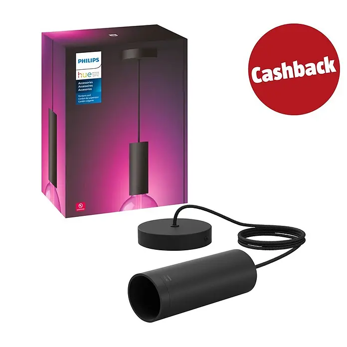 Philips Hue Pendelleuchte Kordel - E27, 1.500 mm - Schwarzes Philips Hue Pendelleuchten-Kabelzubehör und Verpackung, mit 'Cashback'-Hinweis.