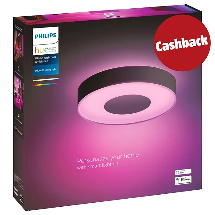 Philips Hue LED-Deckenleuchte rund White and color ambience Infuse M - Ø x H: 38,1 x 8,4 cm, RGBW - Philips Hue Infuse M Smart-Deckenleuchten-Verpackung, mit pink leuchtendem Licht, „Cashback“-Aufkleber und „White and color ambiance“-Text.