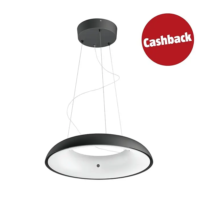 Philips Hue LED-Pendelleuchte rund White Ambience Amaze - 25 W, Ø x H: 43,4 x 150 cm, Schwarz - Runde schwarz-weiße Pendelleuchte mit rotem „Cashback“-Aufkleber.