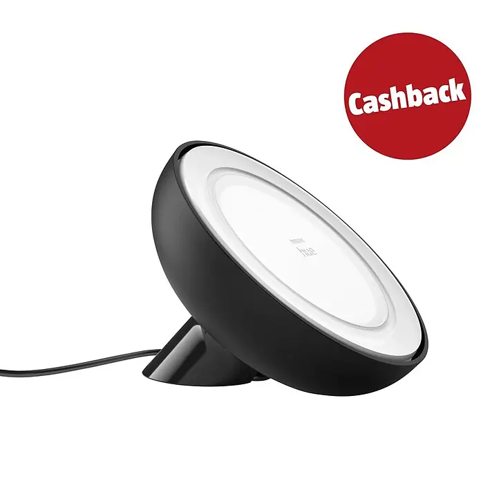 Philips Hue LED-Tischleuchte White and color ambience - 7 W, L x B x H: 12,6 x 12,9 x 10,1 cm, Schwarz, RGB - Eine schwarze Philips Hue Smart Tischleuchte mit weißer kreisförmiger Leuchtfläche und angewinkeltem Design. Oben rechts ein roter 'Cashback'-Aufkleber.