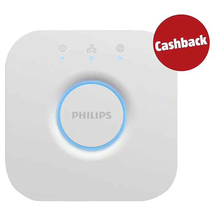 Philips Hue Steuerzentrale Bridge - Passend für: Philips Hue System, L x B x H: 2,6 x 8 x 8 cm - Weißer Philips Hue Bridge mit blauen Statusleuchten, PHILIPS Logo und rotem 'Cashback' Sticker.