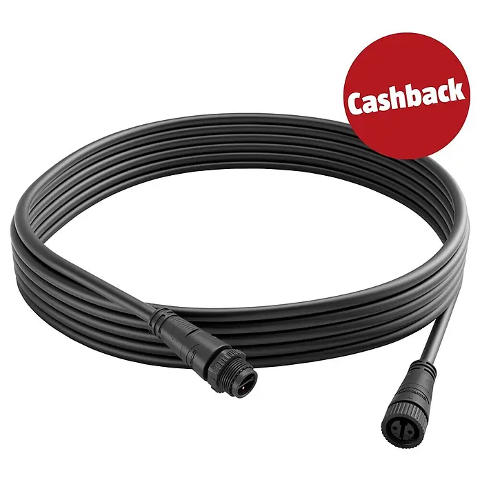 Philips Hue Verlängerungskabel White and Color Ambiance Outdoor - 5 m, Schwarz, IP67 - Gewickeltes schwarzes Kabel mit Stecker, Buchse und 'Cashback'-Aufkleber.