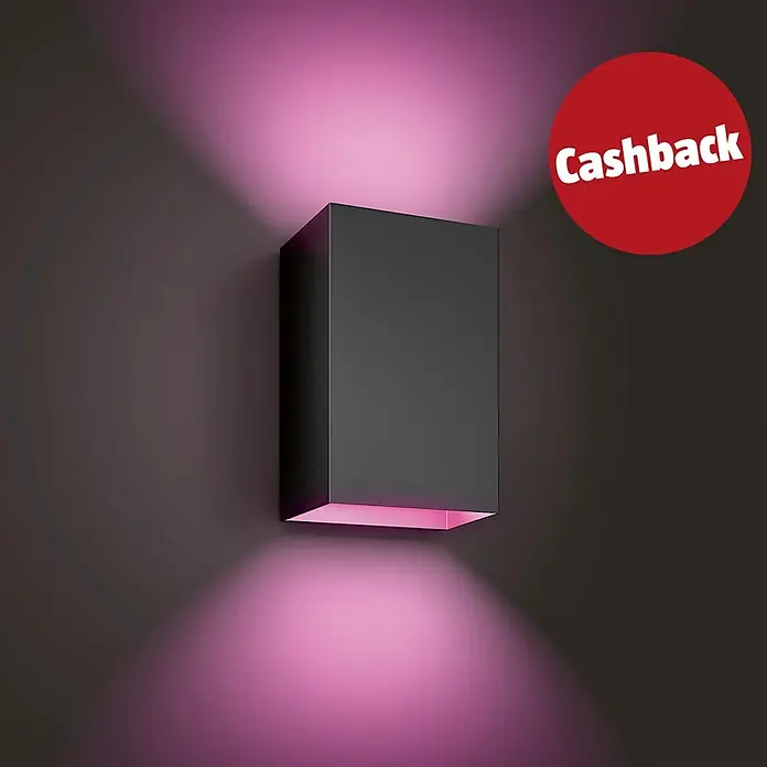 Philips Hue LED-Außenwandleuchte White & Color Ambiance Resonate Up & Down - 16 W, 9,3 x 12 x 18 cm, Schwarz, IP44 - Schwarze, rechteckige Wandleuchte, die pinkes Licht nach oben und unten an eine dunkle Wand abstrahlt.