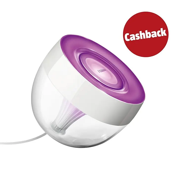 Philips Hue LED-Tischleuchte Iris - Weiß/Transparent, Höhe: 19,4 cm - Weißes Philips Hue Go Smart Light, leuchtet violett, mit rotem 'Cashback'-Sticker.