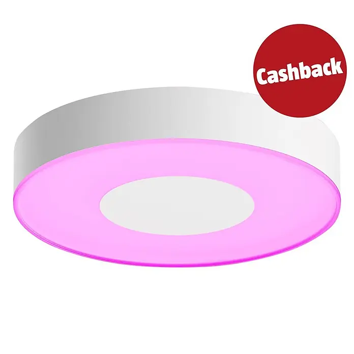 Philips Hue LED-Deckenleuchte rund White & Color Ambiance Infuse M - 33,5 W, Ø x H: 38,1 x 8,4 cm, Weiß, Mehrfarbig - Weiße Deckenleuchte mit rosa Leuchtring und rotem "Cashback"-Aufkleber.