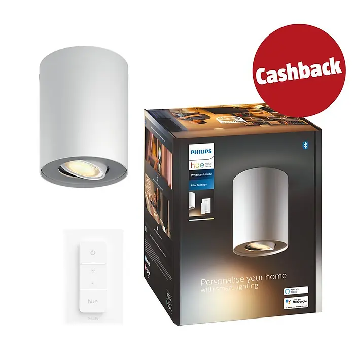 Philips Hue LED-Deckenstrahler Pillar - 5 W, L x B x H: 17,8 x 13,4 x 14,3 cm, Weiß, Neutralweiß - Weißer Philips Hue smarter zylindrischer Spot, Fernbedienung und Produktverpackung, mit 'Cashback'-Aufkleber.
