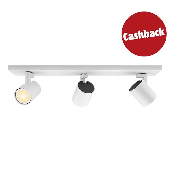 Philips Hue LED-Deckenstrahler White Ambiance Runner - 12,6 W, L x B x H: 8,9 x 48 x 10,9 cm, Weiß, Mehrfarbig, 3 Stk. - Weiße Stromschienenleuchte mit drei Strahlern, einer davon leuchtet warm, und rotes "Cashback"-Logo.