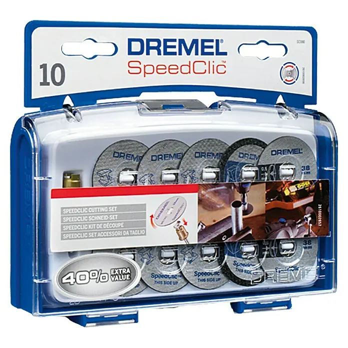 Dremel EZ SpeedClic Zubehör-Set SC 690 - 11 -tlg. - Dremel SpeedClic Trennscheiben-Set mit 10 Teilen in einer transparenten blauen Box mit Zubehör zum Schneiden.