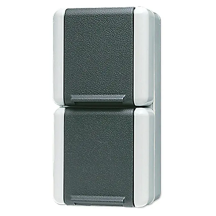 Jung WG 800 Steckdose 822W - 2-fach, Vertikal, Anthrazit, IP44 - Eine Nahaufnahme eines stapelbaren, kompakten Kühlschranks mit grauen Türen und weißen Seiten.