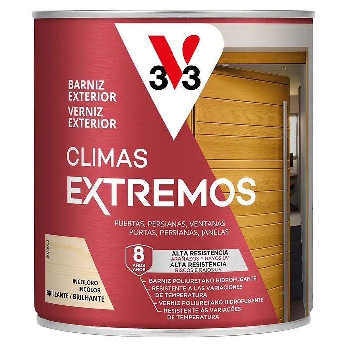 V33 Barniz para madera exterior Climas Extremos - Incoloro, Brillante, 750 ml - Lata de barniz exterior V33, incoloro y brillante, para climas extremos, con 8 años de protección.
