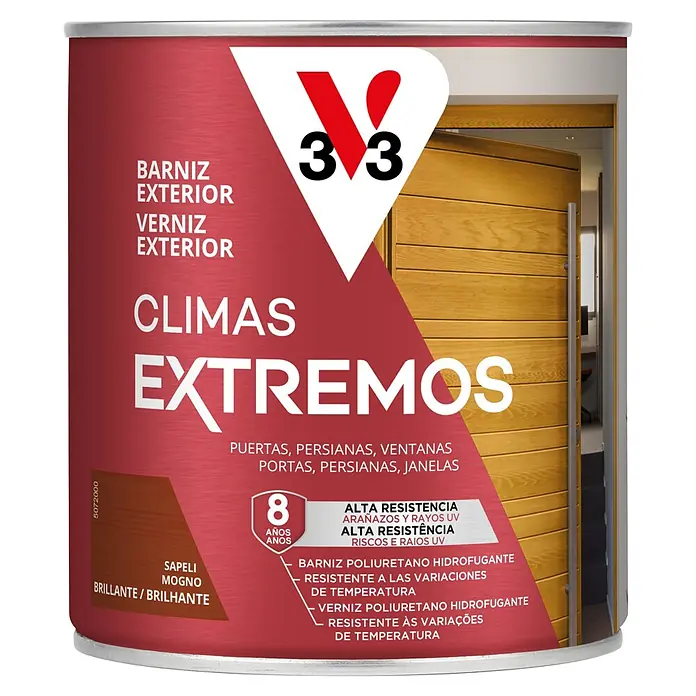 V33 Barniz para madera exterior Climas Extremos - Sapelly, Brillante, 750 ml - Lata roja de barniz poliuretano exterior V33 para climas extremos, acabado Sapeli Caoba brillante, 8 años de durabilidad.