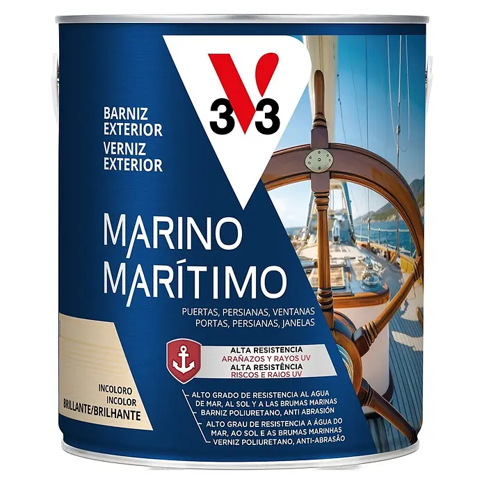 V33 Barniz marino - Incoloro, Brillante, 2,5 l - Lata de barniz exterior marino V33, incoloro/brillante, alta resistencia UV, arañazos y agua de mar. Poliuretano, anti-abrasión para puertas.