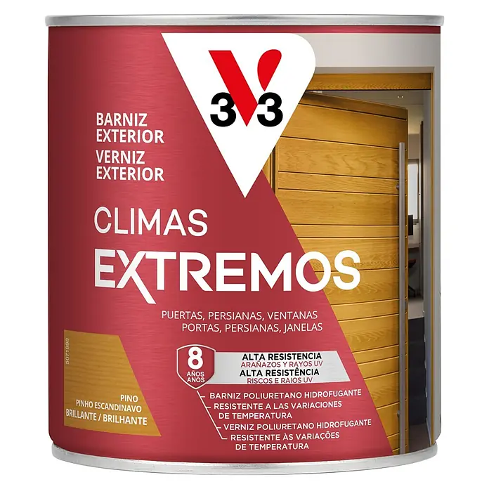 V33 Barniz para madera exterior Climas Extremos - Pino, Brillante, 750 ml - Barniz exterior V33 Climas Extremos para madera, Pino Escandinavo Brillante. 8 años de durabilidad, alta resistencia a arañazos, UV y cambios de temperatura.