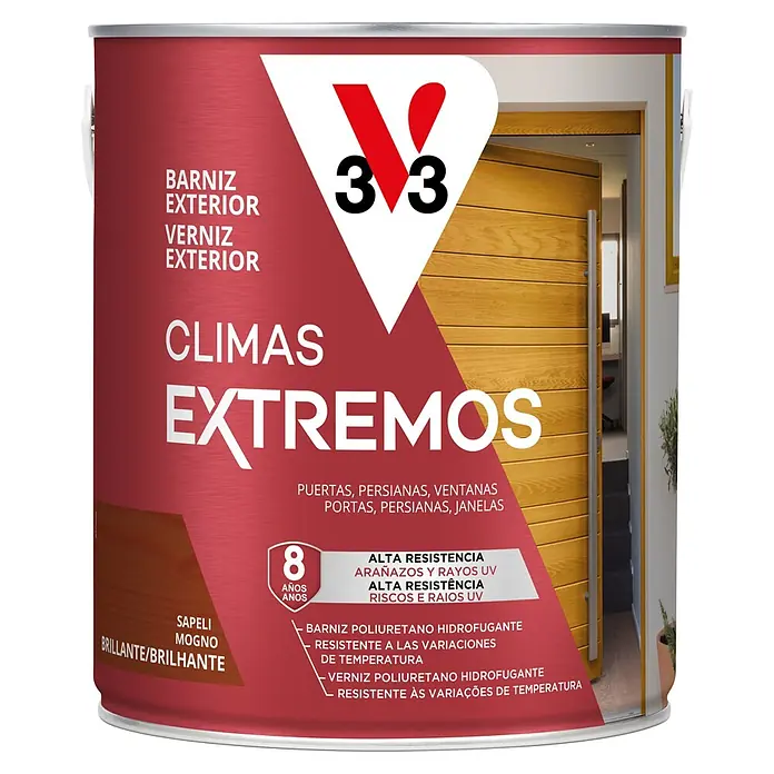 V33 Barniz para madera exterior Climas Extremos - Sapelly, Brillante, 2,5 l - Bote de barniz rojo V33 para exterior, climas extremos, 8 años de protección UV, arañazos y cambios de temperatura para madera.