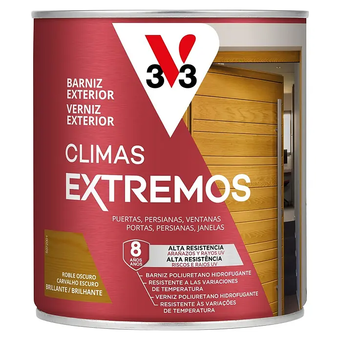 V33 Barniz para madera exterior Climas Extremos - Roble oscuro, Brillante, 750 ml - Barniz Exterior V33, Roble Oscuro, brillante. Para climas extremos, 8 años, alta resistencia a arañazos y UV.