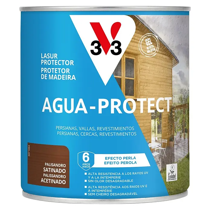 V33 Protección para madera Agua-Protect - Palisandro, 750 ml - Lata de lasur para madera V33 AGUA-PROTECT, palisandro satinado. Ofrece 6 años de protección para madera exterior.