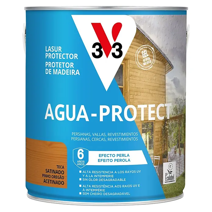 V33 Protección para madera Agua-Protect - Teca, 2,5 l - Bote V33 Agua-Protect protector madera, teca satinado, 6 años resistencia UV/intemperie, sin olor, efecto perla.