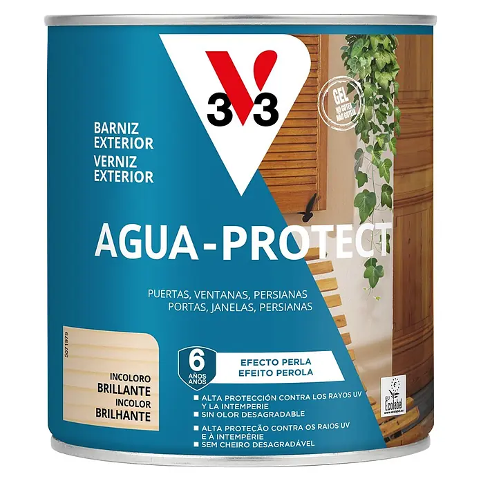 V33 Barniz para madera Exterior Agua Protect - Incoloro, 750 ml, Brillante - Lata azul de barniz exterior V33 'AGUA-PROTECT'. Protector de madera incoloro, brillante, efecto perla, 6 años de resistencia UV e intemperie.