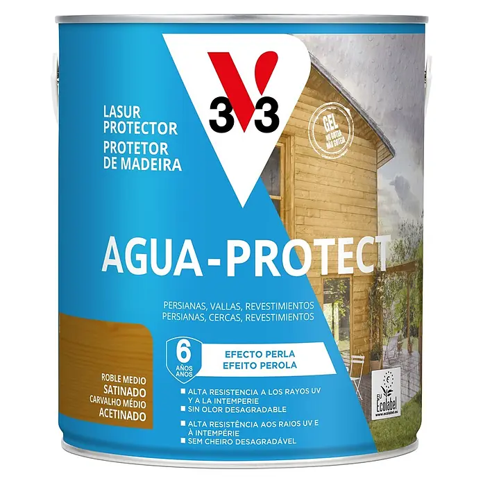 V33 Protección para madera Agua-Protect - Roble medio, 2,5 l - Lasur protector de madera V33 AGUA-PROTECT roble medio satinado, para exterior. Ofrece 6 años de efecto perla, alta resistencia, EU Ecolabel.