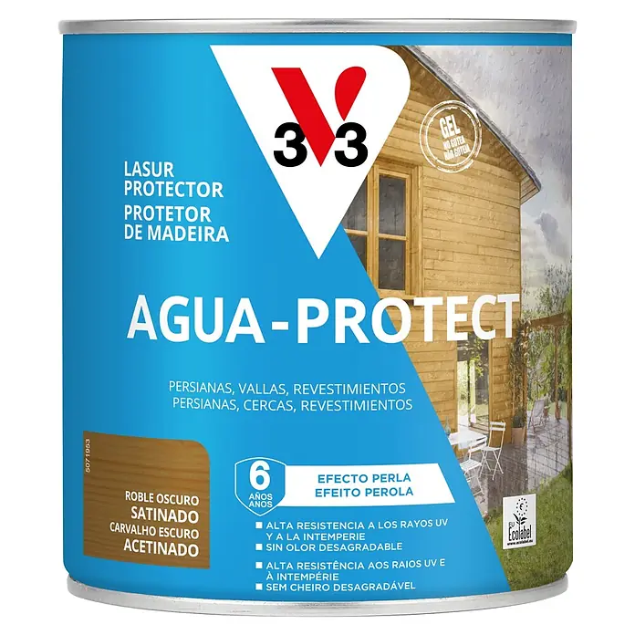 V33 Protección para madera Agua-Protect - Roble oscuro, 750 ml - Lata de protector de madera V33 AGUA-PROTECT roble oscuro satinado, base gel, antigoteo, 6 años de protección, efecto perla.
