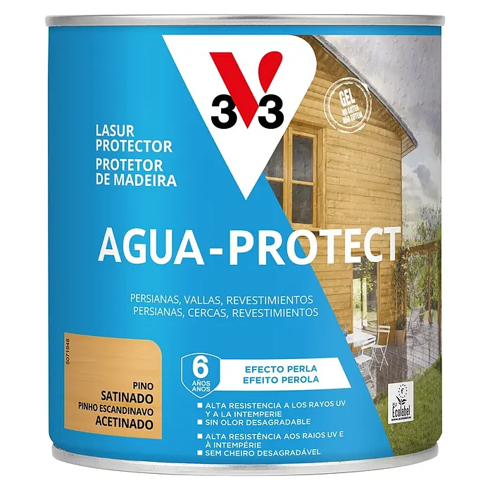 V33 Protección para madera Agua-Protect - Pino, 750 ml - Lata azul V33 Agua-Protect gel para madera, acabado pino satinado, 6 años protección UV, efecto perla, sin olor.