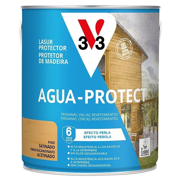 V33 Protección para madera Agua-Protect - Pino, 2,5 l - Lata metálica azul V33 Agua-Protect protector de madera pino satinado efecto perla.