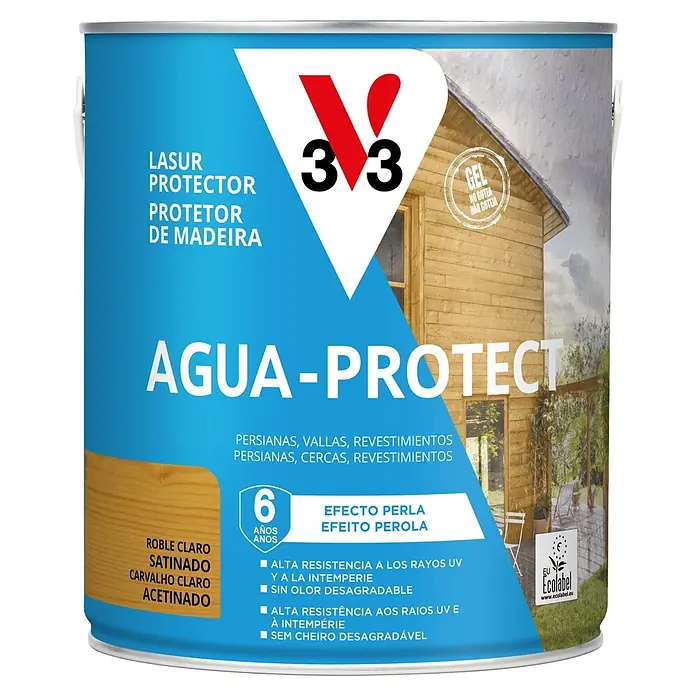 V33 Protección para madera Agua-Protect - Roble claro, 2,5 l - Bote de lasur para madera V33 Agua-Protect, roble claro satinado. Fórmula gel ofrece 6 años de protección UV/intemperie y efecto perla.