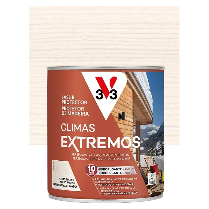 V33 Protector para madera Climas Extremos - Cedro, 750 ml - Lata de protector de madera 3V 'Climas Extremos' en Cedro Blanco Satinado, con 10 años de protección anti-UV e hidrófuga.